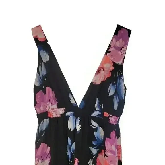 Aqua Women's Black Poly Bright Floral Deep V Front & Back Sleeveless Jumpsuit Ro - Picture 5 of 13